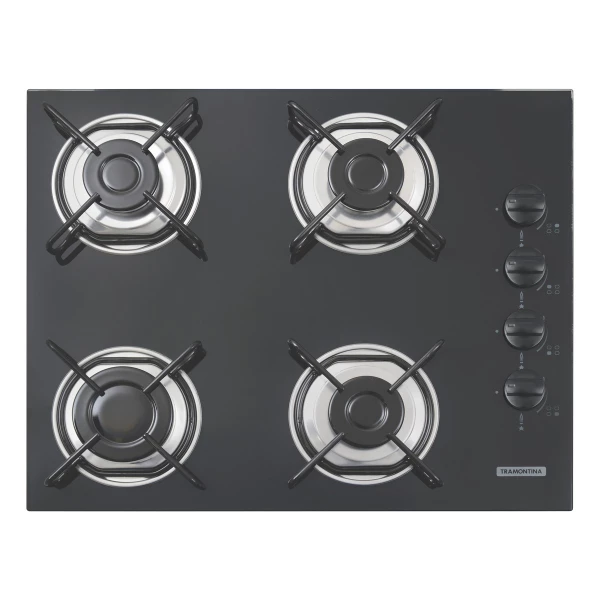 Cooktop a gas Tramontina de vidrio templado negro y rejillas de acero al carbono, con encendido automático y 4 quemadores